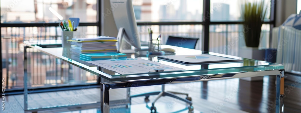 Modern glass-topped desk, chrome legs, vibrant financial reports, organized charts, contemporary workspace ambiance Modern glass-topped desk, chrome legs, vibrant financial reports, organized charts, contemporary workspace ambiance