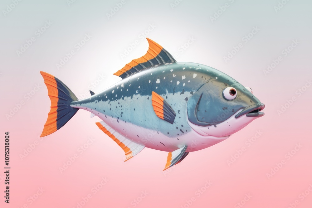 Fototapeta premium A cartoon fish with orange fins and white spots swims in the water