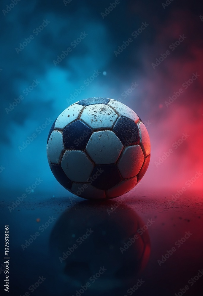 Naklejka premium A soccer ball with a blue and red background, a sense of speed and movement