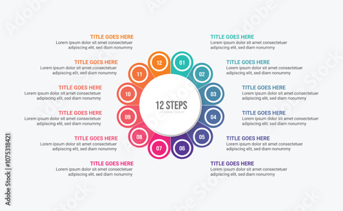 Yearly Business Timeline Circle Infographic Template Design with 12 Options Steps