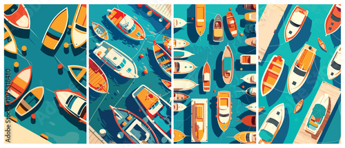Boats in harbor. Flat wooden pier top view with ship yachts sea transport in ocean port poster set vector illustration