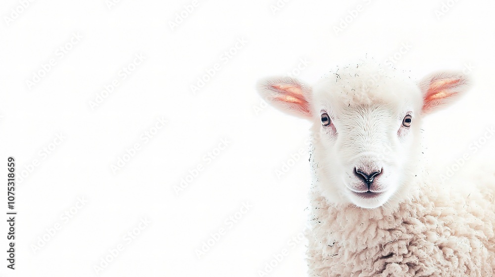 Fototapeta premium Adorable White Lamb Isolated on a Clean White Background, Perfect for Gentle and Charming Animal Imagery, Great for Various Creative Projects