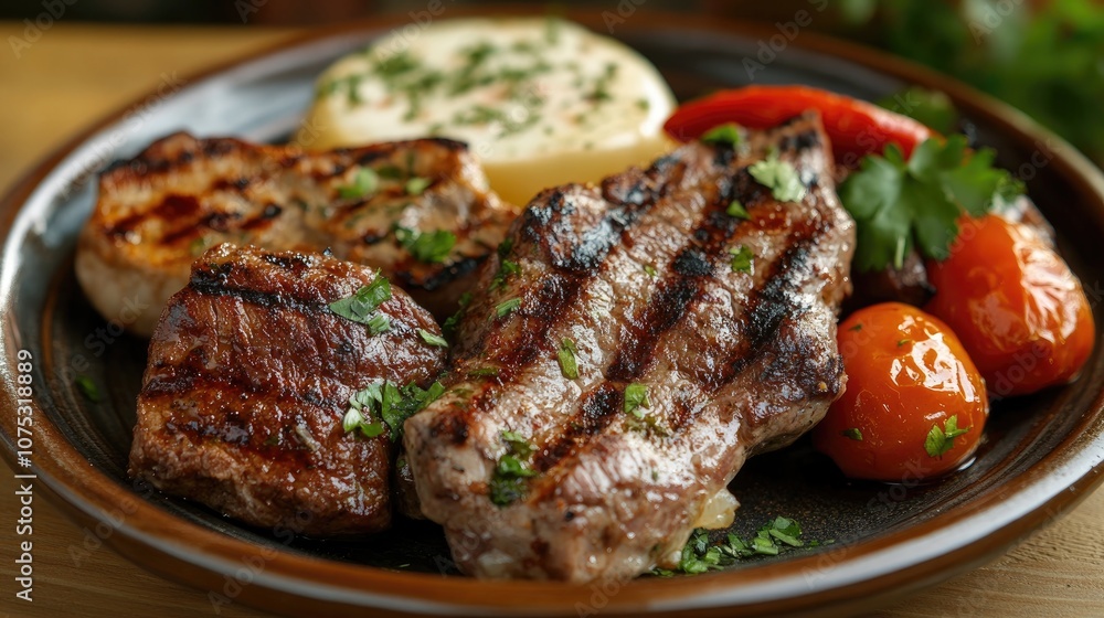 Mixed grill served on a plate featuring Balkan cuisine selective focus Mixed grill served on a plate featuring Balkan cuisine selective focus