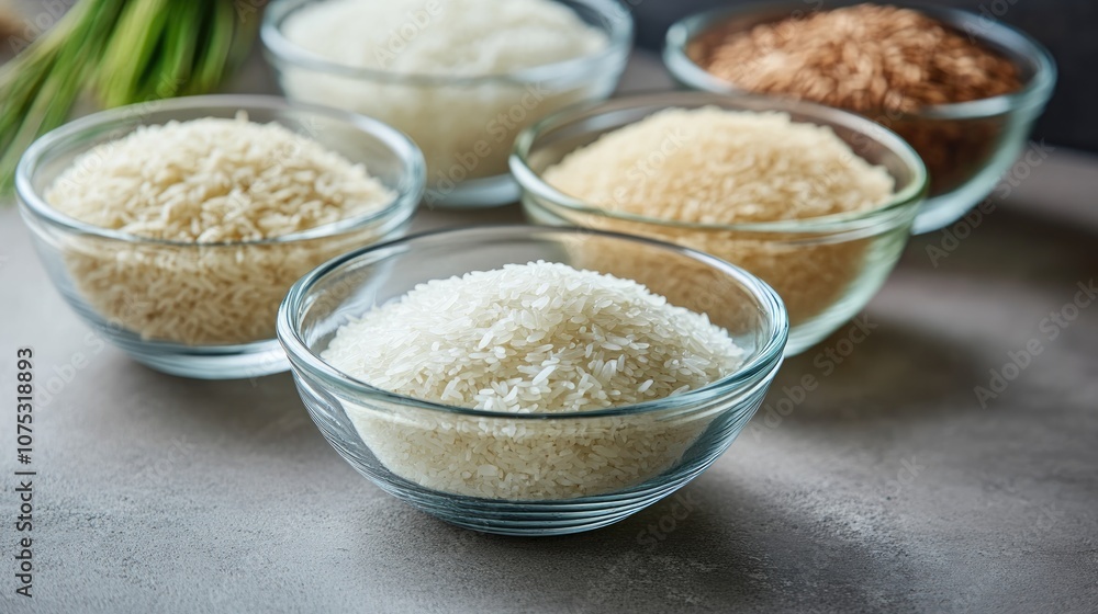 Ingredients measured in glass mixing bowls for rice preparation Ingredients measured in glass mixing bowls for rice preparation