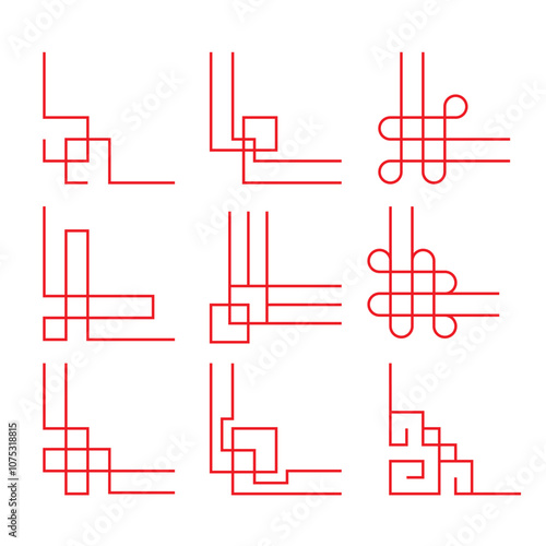 Asian corner set in vintage style. Traditional chinese ornaments for your design. Minimalistic red geometric line patterns. red japanese elements. Vector  asian culture decoration