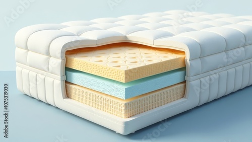 A mattress is shown with its inner layers visible. The mattress is white and blue. The mattress is designed to provide support and comfort for the user