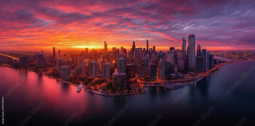 Aerial Photograph of Chicago Skyline at Sunset. AI generated illustration Aerial Photograph of Chicago Skyline at Sunset. AI generated illustration
