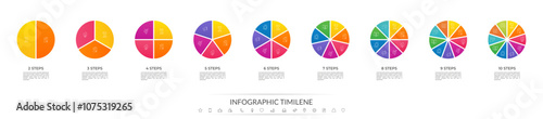 Circle division vector infographics icon set from 2 to 10. Different color circles chart divided 2, 3, 4, 5, 6, 7, 8, 9,10 equal parts. Business round diagram with same size sectors, fraction.