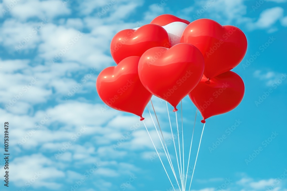 Heart-shaped red balloons float against a blue sky, surrounded by white clouds. The vibrant colors and shape of the balloons convey joy, love, and celebration. Valentis Day. Heart-shaped red balloons float against a blue sky, surrounded by white clouds. The vibrant colors and shape of the balloons convey joy, love, and celebration. Valentis Day.