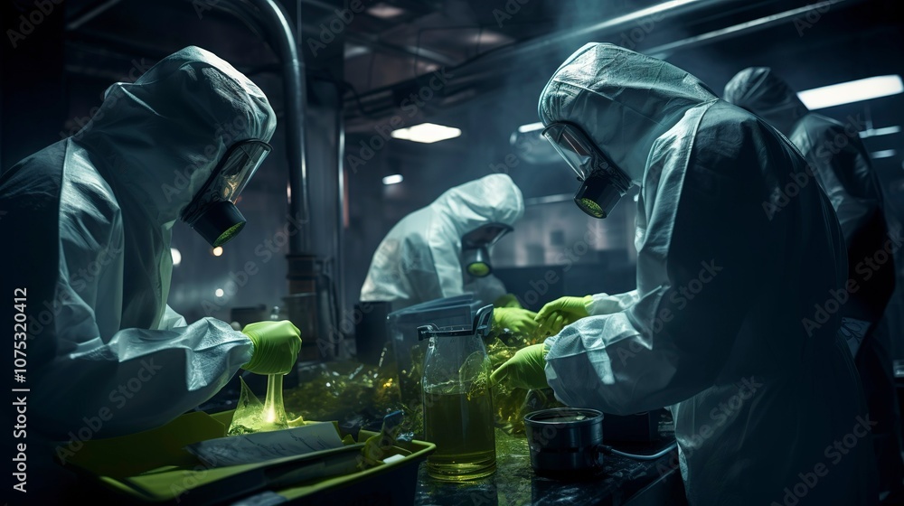 A photo of a medical waste disposal team at work. A photo of a medical waste disposal team at work.