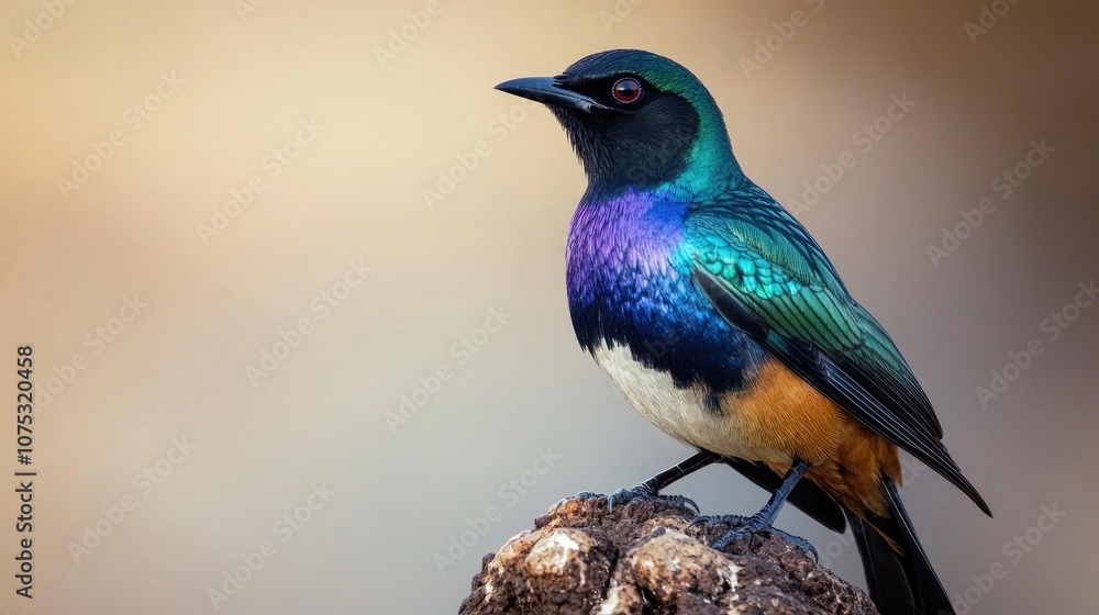 The superb starling is a medium sized bird recognized for its iridescent feathers displaying vibrant shades of green blue and purple commonly found in specific regions of Africa The superb starling is a medium sized bird recognized for its iridescent feathers displaying vibrant shades of green blue and purple commonly found in specific regions of Africa