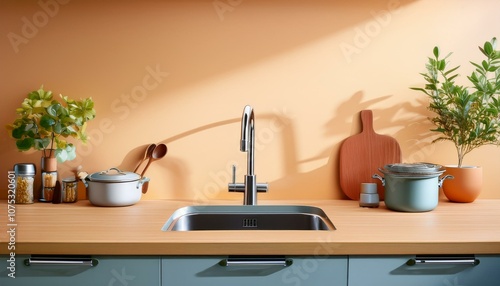 Wallpaper Mural Modern kitchen countertop with sink, stove, and utensils on a bright background. 3D Rendering Torontodigital.ca