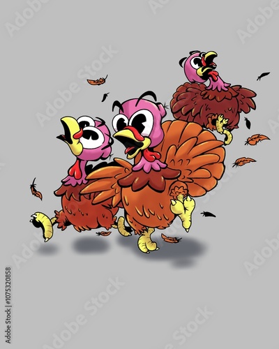 Three turkey bird running, in cartoon simple cute illustration style, holiday Thanksgiving vibe, November, digital illustration, high resolution, for usage postcard, sticker, emotions 