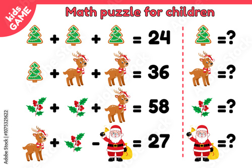 Christmas math kids puzzle game. Solve the mathematical example. Educational activities page for preschool, school children. Cartoon Santa Claus, reindeer, Xmas gingerbread tree, mistletoe. Vector