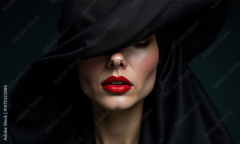 Woman with red lips and a black veil over her face. The woman is wearing red lipstick and has a serious expression on her face Woman with red lips and a black veil over her face. The woman is wearing red lipstick and has a serious expression on her face