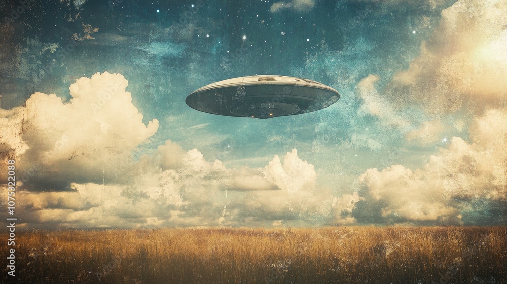 UFO an alien spacecraft suspended above a field with clouds motionless in the sky Themes of unidentified flying objects extraterrestrial life and space exploration in mixed media UFO an alien spacecraft suspended above a field with clouds motionless in the sky Themes of unidentified flying objects extraterrestrial life and space exploration in mixed media