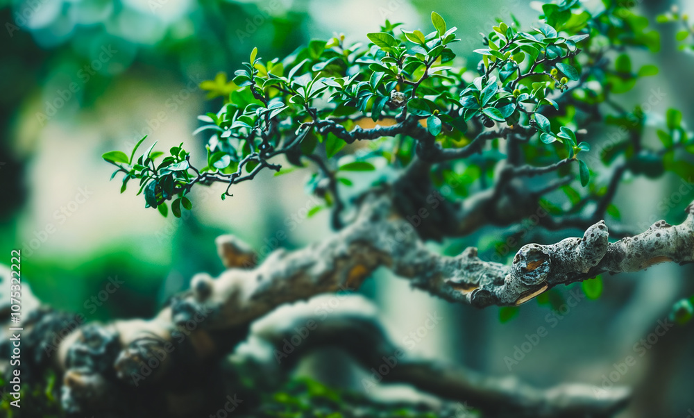 Fototapeta premium Closeup of fragile bonsai leaves on a beautiful healthy tree with small branches