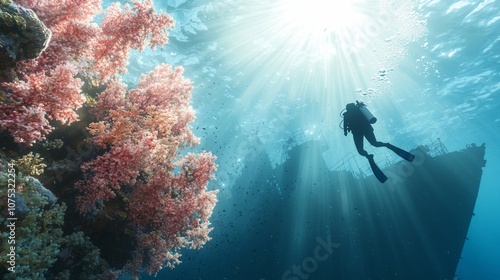 Wallpaper Mural Exploring the Depths: Vibrant Coral Reef, Diver, and Sunken Ship in Intricate 3D Render Illustrating Underwater Worlds and Human Influence Torontodigital.ca