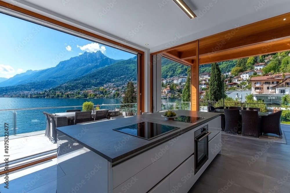 Fototapeta premium A minimalist kitchen with concrete countertops and monochromatic decor, exuding modern simplicity