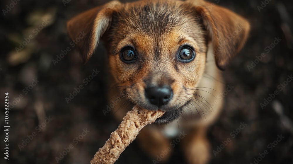 Puppy chewing on a rawhide stick from a side perspective The aggressive chewer enjoys the treat promoting dental health and happiness Female Harrier mix with selective focus Puppy chewing on a rawhide stick from a side perspective The aggressive chewer enjoys the treat promoting dental health and happiness Female Harrier mix with selective focus