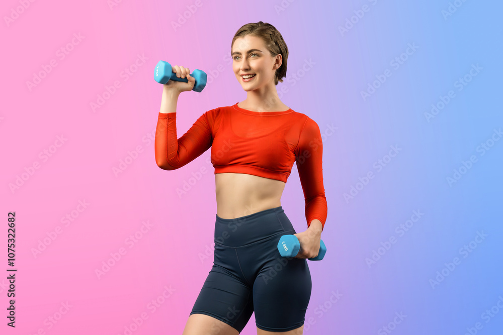 Full body length gaiety shot athletic and sporty woman with dumbbell for weight lifting as bodybuilding exercise in standing posture on isolated background. Healthy active and body care lifestyle Full body length gaiety shot athletic and sporty woman with dumbbell for weight lifting as bodybuilding exercise in standing posture on isolated background. Healthy active and body care lifestyle