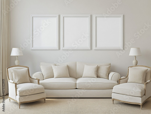 white picture frames on the wall, gallery-style, in a living room with a beige sofa and armchair, neutral tones, and natural light