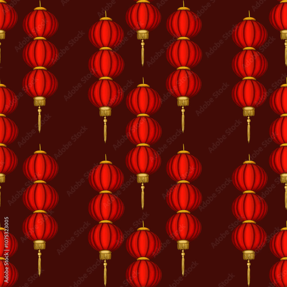 Big Red Round Lanterns on Dark Red Background Seamless Pattern Design Big Red Round Lanterns on Dark Red Background Seamless Pattern Design