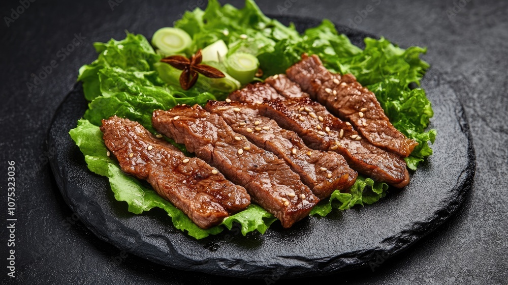 Grilled beef slices served with lettuce on a dark stone plate Grilled beef slices served with lettuce on a dark stone plate