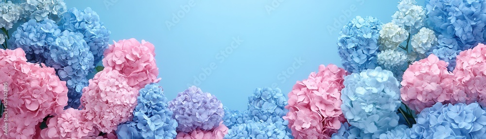 Fototapeta premium A vibrant arrangement of pink and blue flowers against a soft blue background, perfect for spring and floral designs.