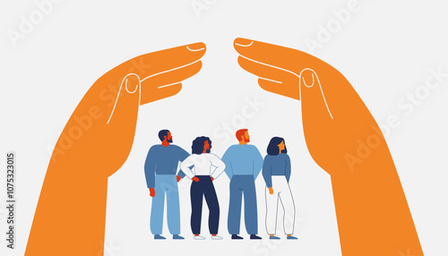 Human hands create secure environment via home roof gesture above people. Two arms protect and care about men and women. Legal defense, shelter, medical and life insurance for civil persons. Vector