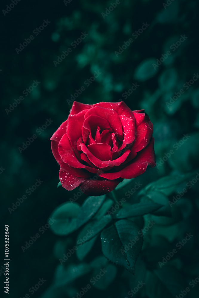 A close up of a bright red garden rose with rain drops A close up of a bright red garden rose with rain drops