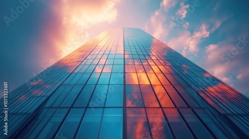 Wallpaper Mural A skyscraper with a glass facade reflects the sunset sky, creating a vibrant and dramatic image. Torontodigital.ca