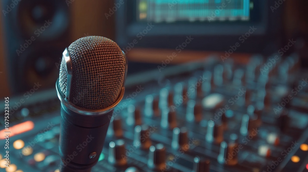 Radio studio microphone and audio mixing console Radio studio microphone and audio mixing console