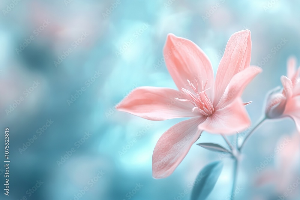 Fototapeta premium A Single Pink Flower Floating in a Dreamy Pastel Blue Background. AI generated illustration