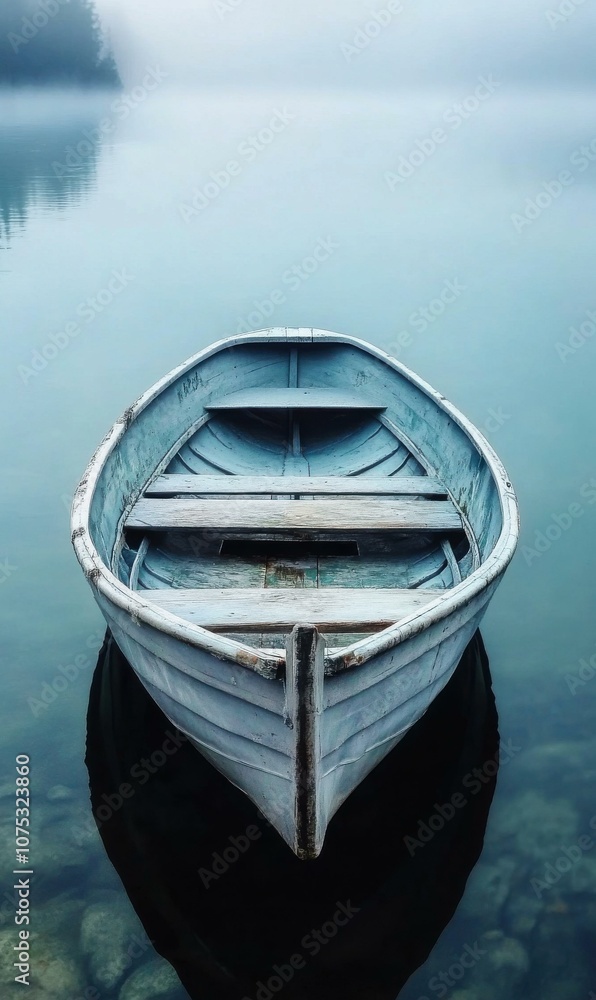 Explore Tranquil Waters: A Serene Blue Boat on a Foggy Lake Explore Tranquil Waters: A Serene Blue Boat on a Foggy Lake