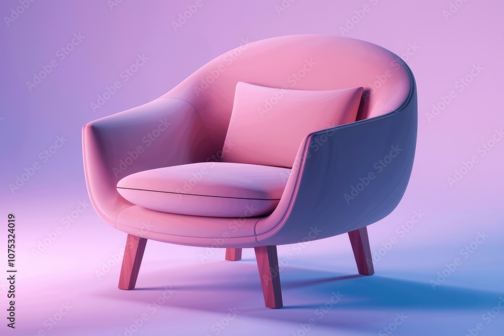 Pink armchair with wooden legs on a purple background Pink armchair with wooden legs on a purple background