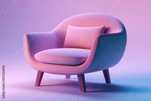 Pink armchair with wooden legs and a pillow on a purple background. photo