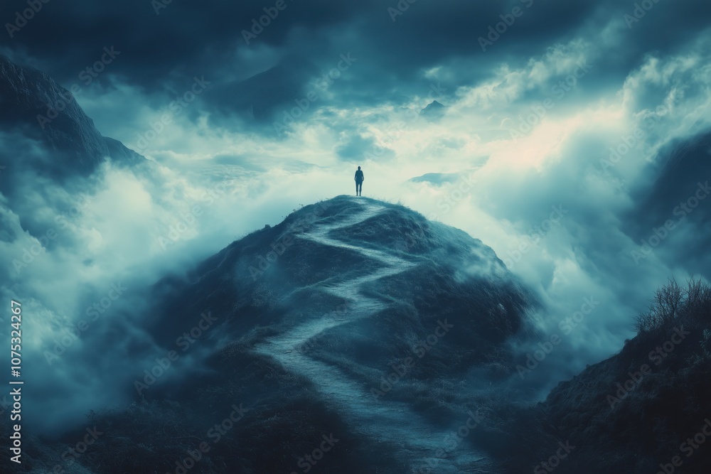 Solitary Figure on a Misty Hilltop Pathway Surrounded by Enveloping Clouds Solitary Figure on a Misty Hilltop Pathway Surrounded by Enveloping Clouds