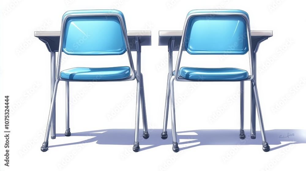 Two blue chairs facing, job cuts, hiring freeze from trade war, economic stagnation Two blue chairs facing, job cuts, hiring freeze from trade war, economic stagnation