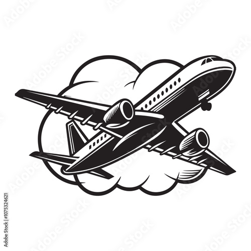 Airplane taking off silhouette vector art black color design and solid white background 