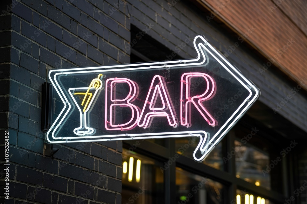 Neon sign with a cocktail glass pointing towards a bar Neon sign with a cocktail glass pointing towards a bar