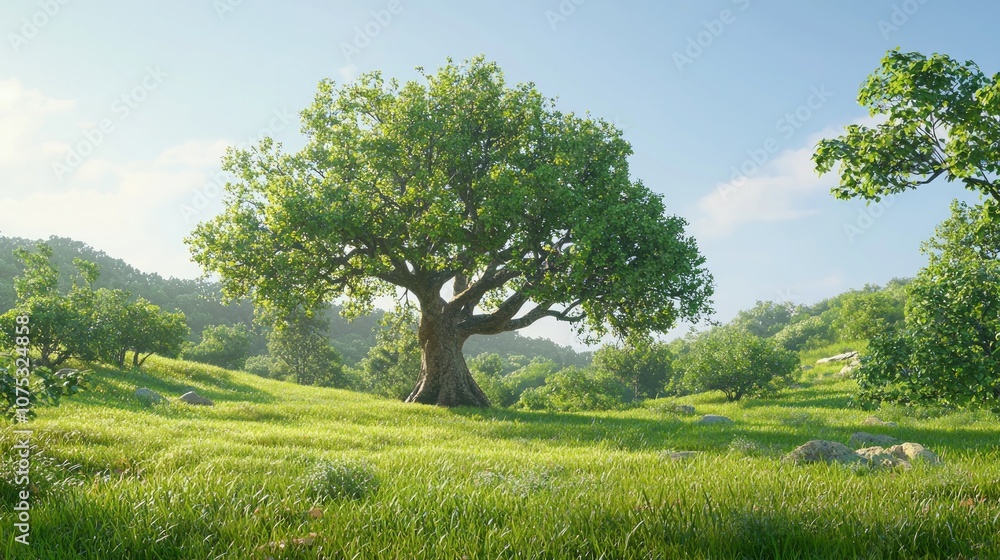 Fototapeta premium Preserving Nature's Beauty: 3D Render of Ancient Oak Tree Amid Deforestation Awareness