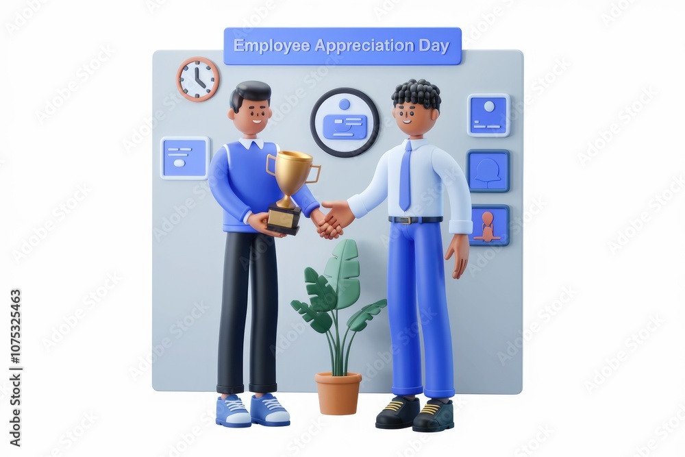 Two 3D cartoon characters shaking hands on Employee Appreciation Day. Two 3D cartoon characters shaking hands on Employee Appreciation Day.
