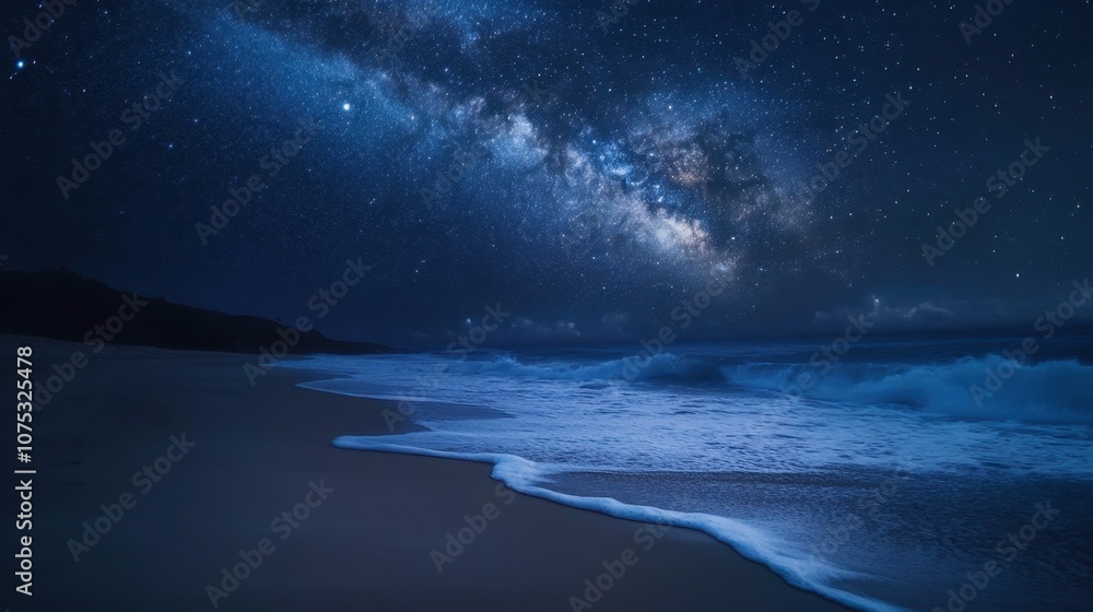 A serene beach under the night sky, where the Milky Way galaxy and stars create a breathtaking scene against the ocean waves. A serene beach under the night sky, where the Milky Way galaxy and stars create a breathtaking scene against the ocean waves.