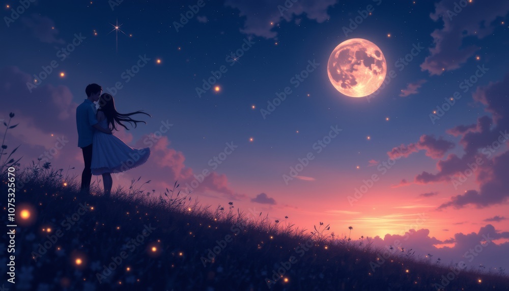 Romantic silhouette of a couple sharing a kiss under a moonlit sky at dusk Romantic silhouette of a couple sharing a kiss under a moonlit sky at dusk