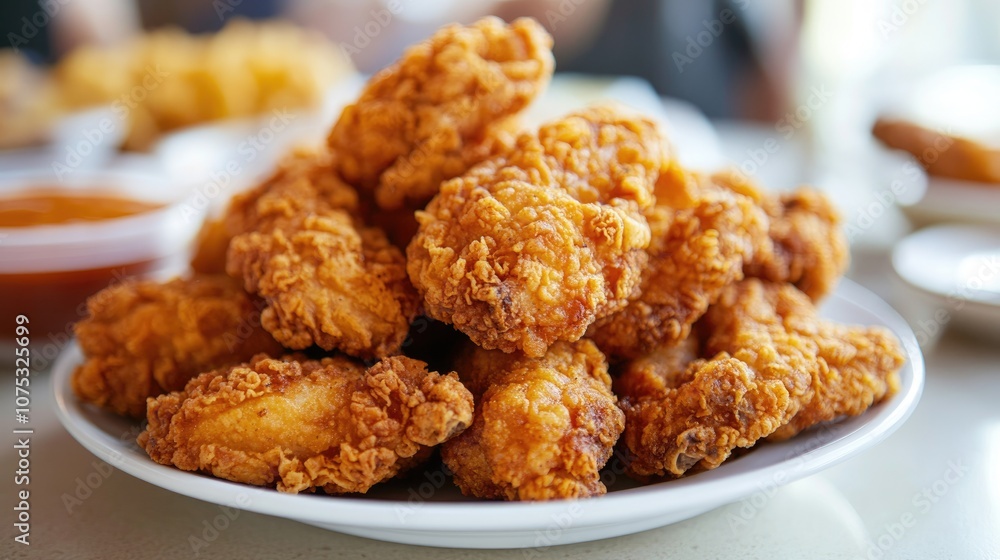 Fried meat served on a plate atop a table Fried meat served on a plate atop a table