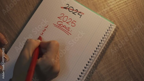 2025 New Year Goals: Woman's Hand Writing in Notebook on Wooden Desk