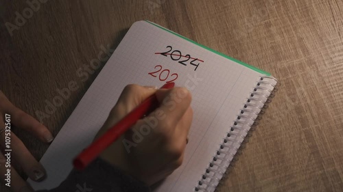 2025 New Year Goals: Woman's Hand Writing in Notebook on Wooden Desk