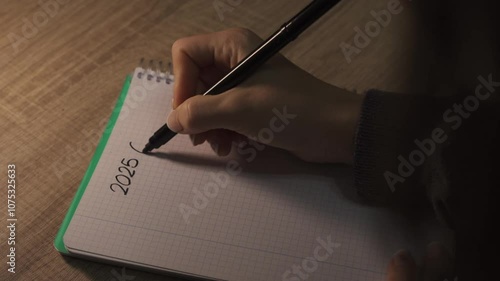 2025 New Year Goals: Woman's Hand Writing in Notebook on Wooden Desk