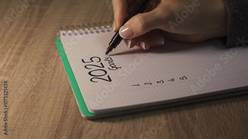 2025 New Year Goals: Woman's Hand Writing in Notebook on Wooden Desk